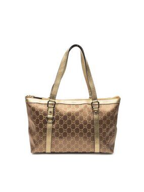 Gucci Abbey Zip Tote Bag Brown Gold Monogram Patterned Satin Canvas